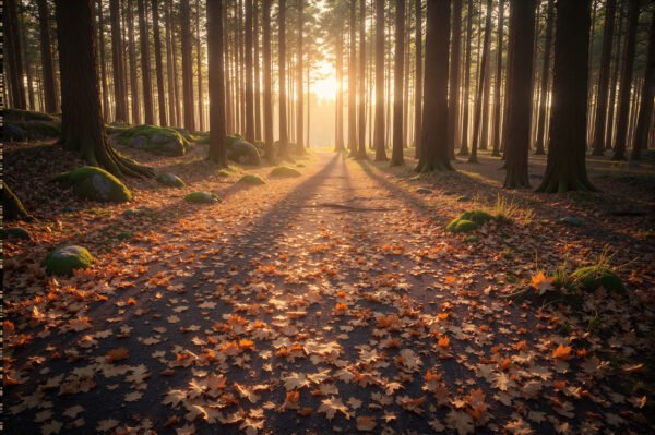 Pine forest path covered in fallen leaves warm autumn lighting serene tone