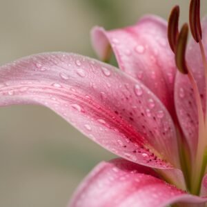 Pink lily flower close up with natural sheen on petals macro detail clean neutral backdrop realistic floral texture