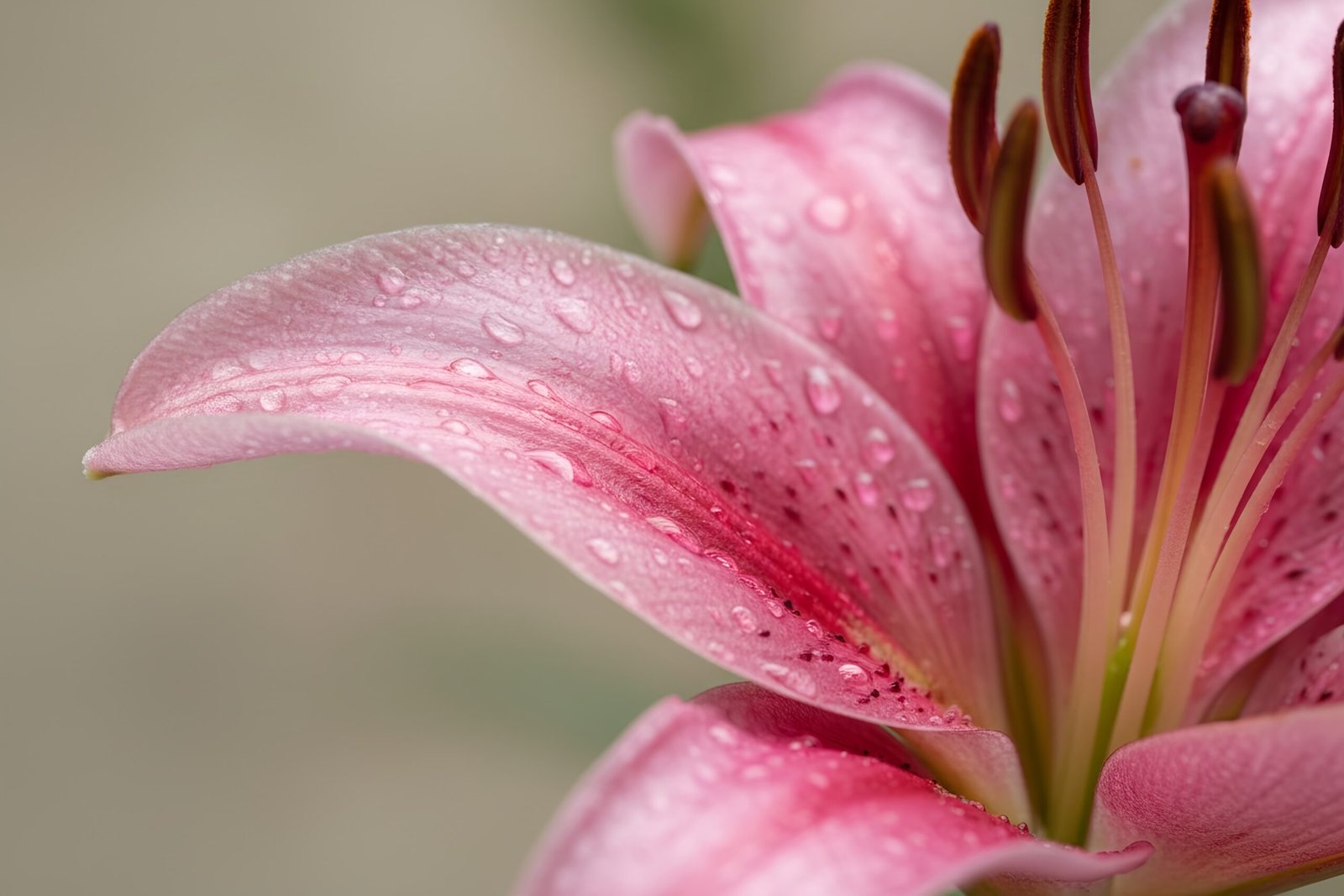 Pink lily flower close up with natural sheen on petals macro detail clean neutral backdrop realistic floral texture
