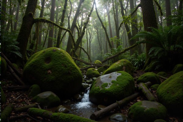 Rain soaked forest with moss covered rocks natural wet textures overcast lighting