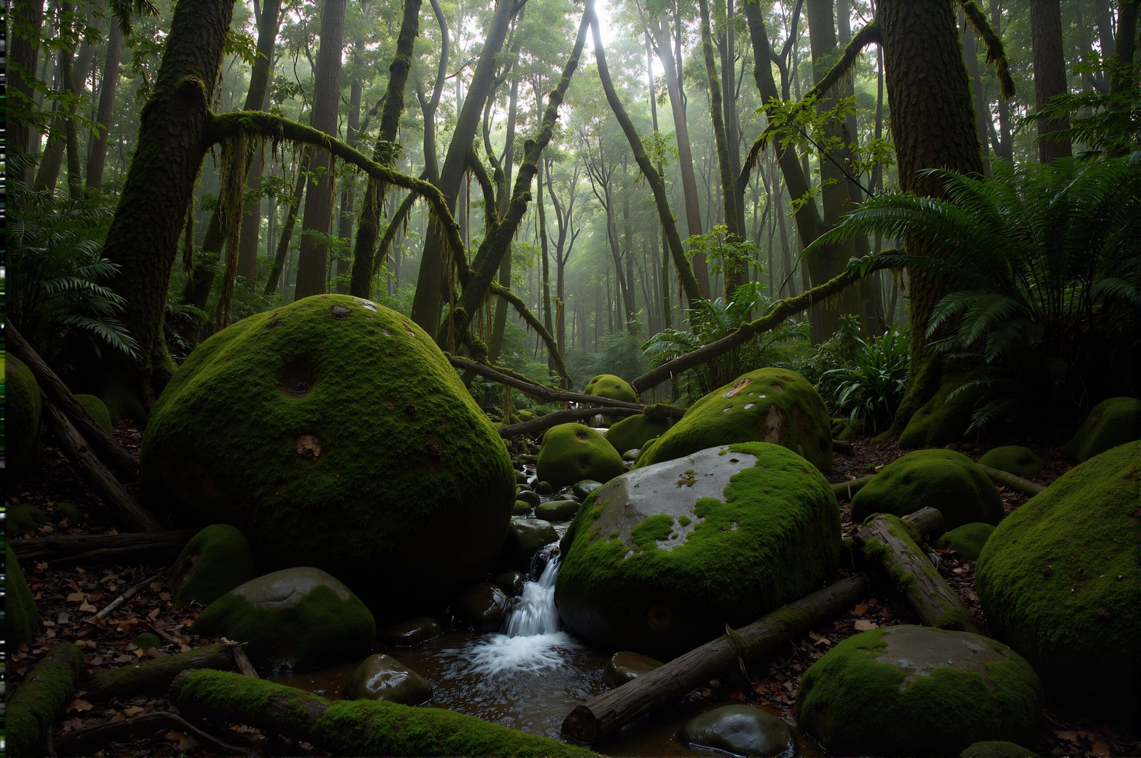 Rain soaked forest with moss covered rocks natural wet textures overcast lighting