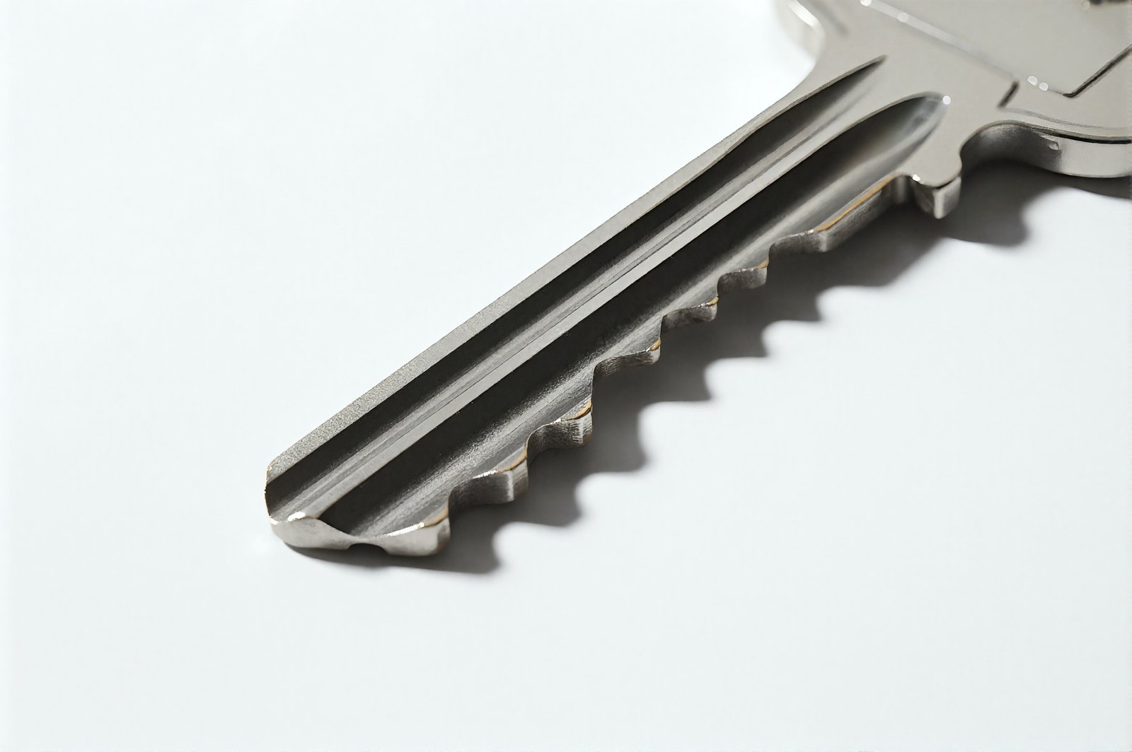 Realistic close up of silver key white background detailed grooves
