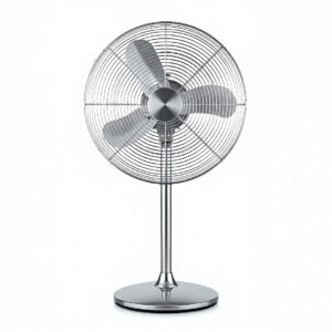 Realistic electric fan photographed in studio lighting clean white background metal blades and grille no brand or labels visible high resolution product shot.