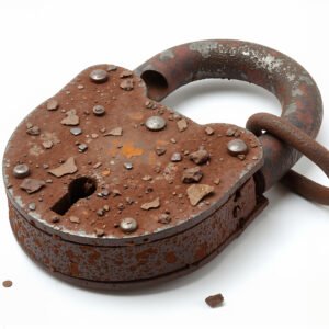 Realistic old rusted padlock on white background sharp focus