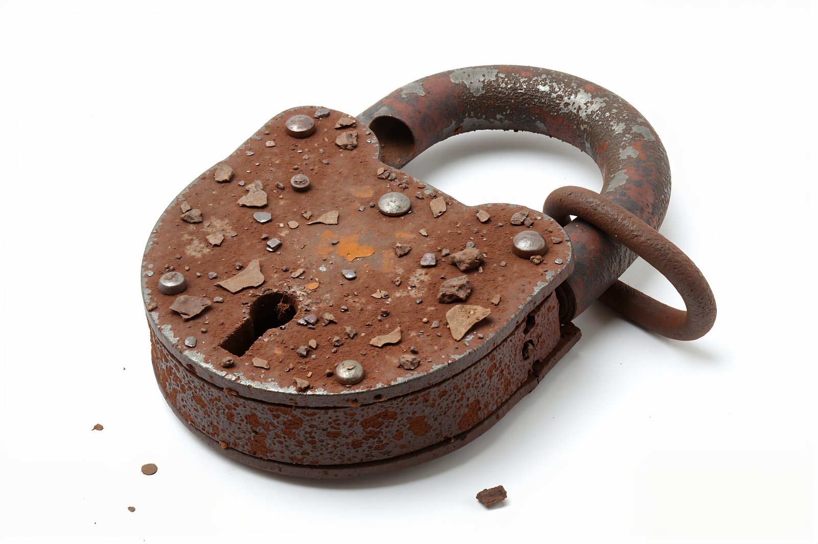 Realistic old rusted padlock on white background sharp focus
