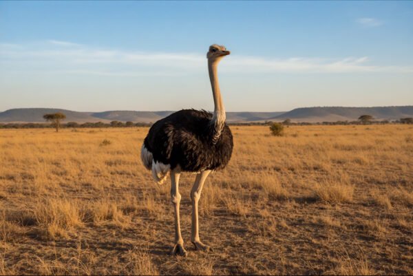 Realistic ostrich standing in open savanna under blue sky