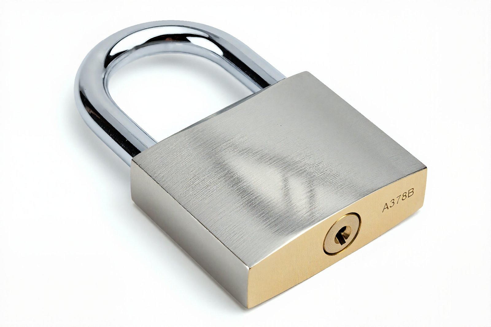 Realistic padlock on white background metallic reflections sharp focus
