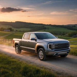 Realistic pickup truck in countryside metallic color no branding or badges visible