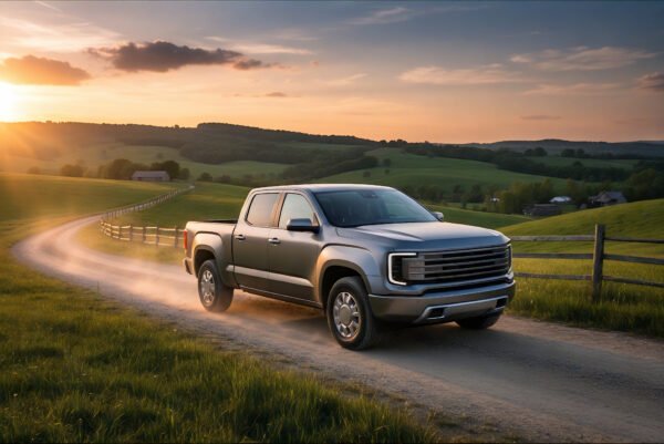 Realistic pickup truck in countryside metallic color no branding or badges visible