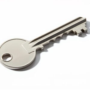 Realistic silver key close up with soft shadow white background detailed grooves