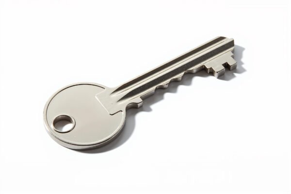 Realistic silver key close up with soft shadow white background detailed grooves