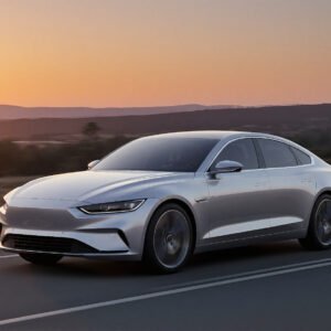 Realistic silver sedan on road at sunset modern design blurred background no branding or car logos