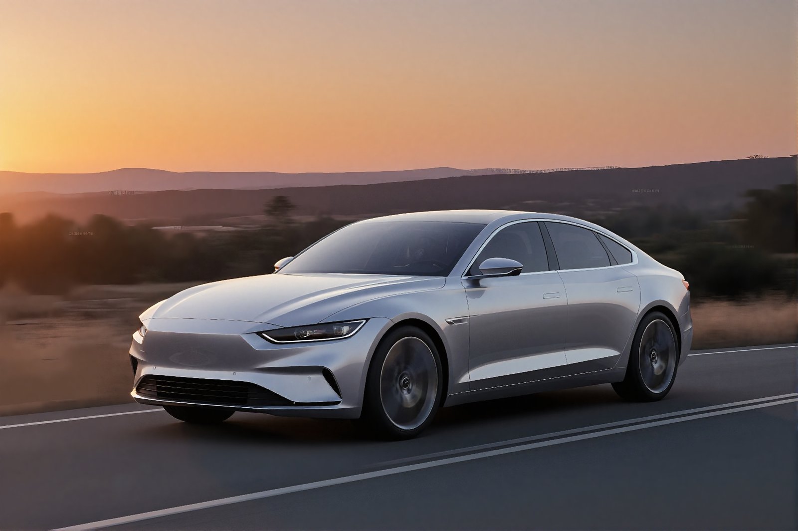 Realistic silver sedan on road at sunset modern design blurred background no branding or car logos
