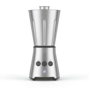 Realistic stainless steel blender with simple buttons soft shadows white background no brand name or logo