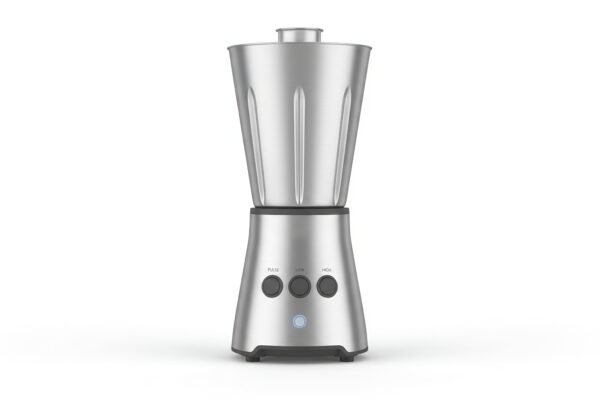 Realistic stainless steel blender with simple buttons soft shadows white background no brand name or logo