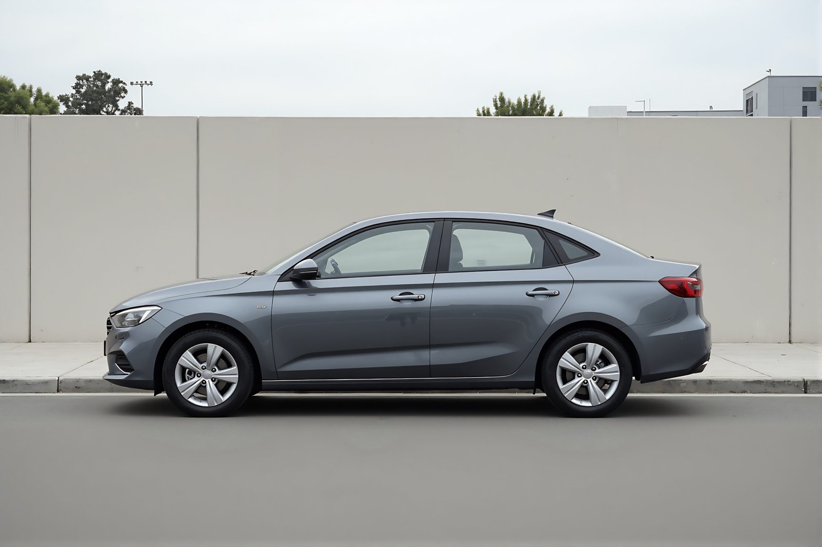 Realistic unbranded compact sedan parked on clean street neutral background no logos or markings soft daylight