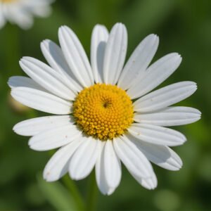 Realistic white daisy flower in full bloom yellow center photographed with shallow depth of field natural outdoor light soft green blurred background high detail macro style.