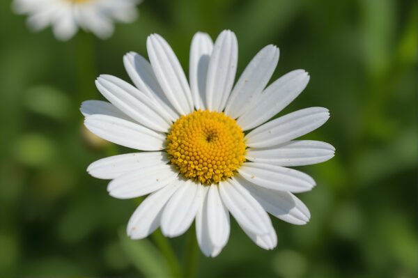 Realistic white daisy flower in full bloom yellow center photographed with shallow depth of field natural outdoor light soft green blurred background high detail macro style.