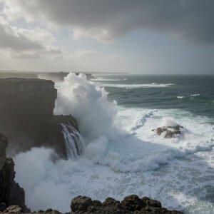 Rocky coastline with waves crashing against cliffs moody overcast sky dramatic lighting