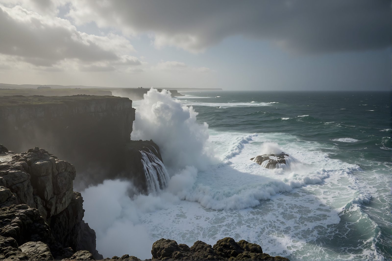 Rocky coastline with waves crashing against cliffs moody overcast sky dramatic lighting