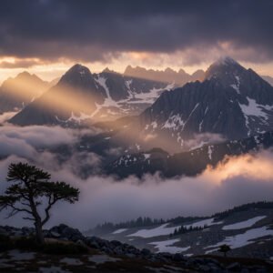 Rocky mountain peaks with low hanging clouds dramatic atmosphere cinematic lighting