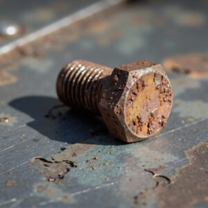 Rusty old bolt on textured metal surface realistic macro photography style