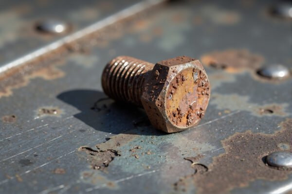 Rusty old bolt on textured metal surface realistic macro photography style