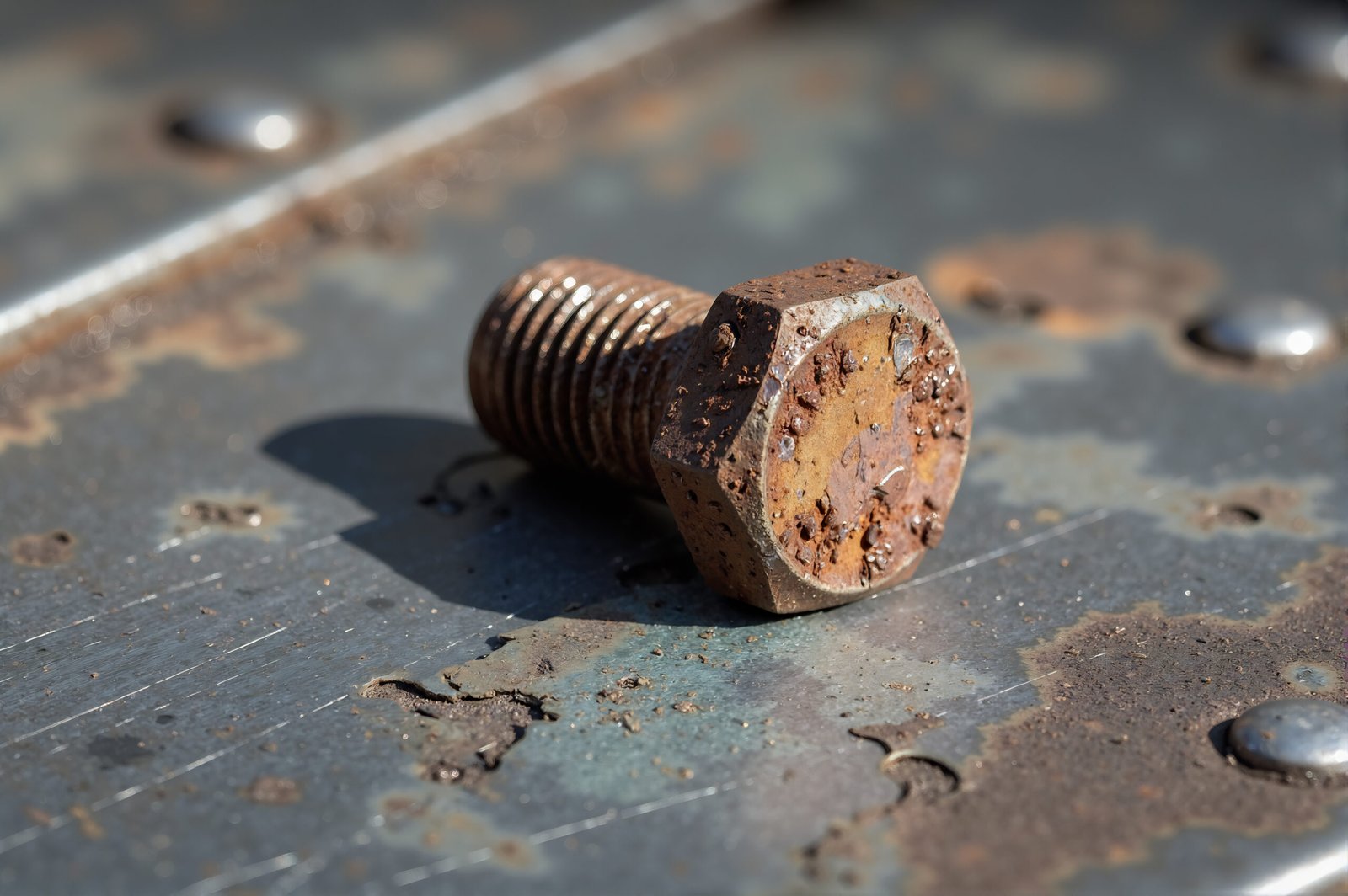 Rusty old bolt on textured metal surface realistic macro photography style
