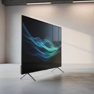 Side angle view of large flat TV in studio realistic lighting simple design no manufacturer logos or marks