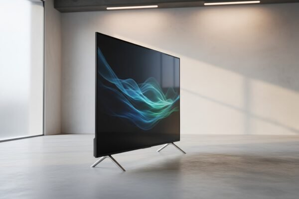 Side angle view of large flat TV in studio realistic lighting simple design no manufacturer logos or marks