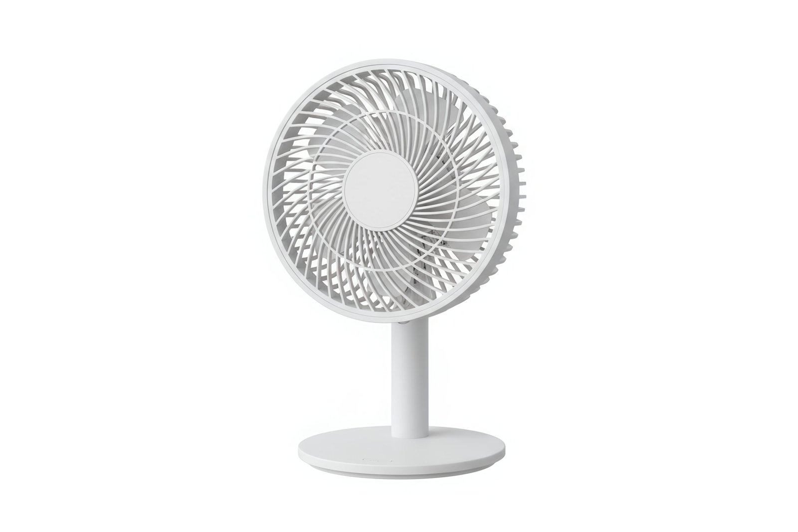 Small desk fan with circular design and front grille studio shot white background no labels or brand marks.