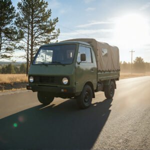 Small unbranded utility truck on asphalt road no manufacturer marks realistic sunlight