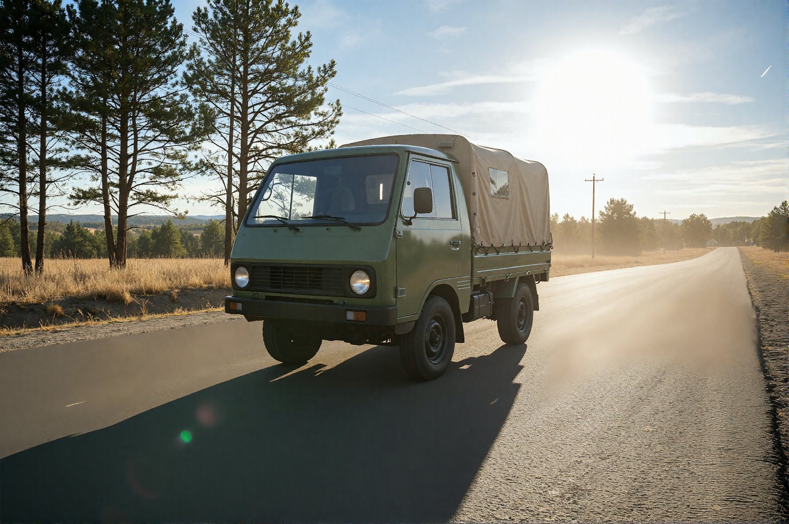 Small unbranded utility truck on asphalt road no manufacturer marks realistic sunlight