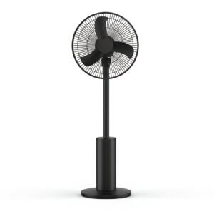 Standing oscillating black electric fan with simple modern design matte finish isolated on white background unbranded with no text or stickers