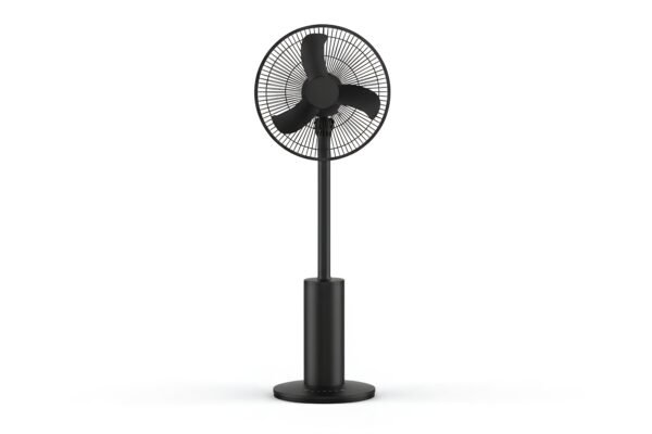 Standing oscillating black electric fan with simple modern design matte finish isolated on white background unbranded with no text or stickers