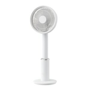 Standing oscillating white electric fan with simple modern design matte finish isolated on white background unbranded with no text or stickers