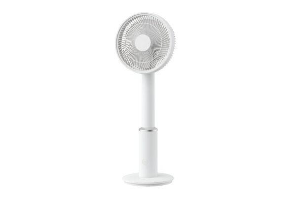 Standing oscillating white electric fan with simple modern design matte finish isolated on white background unbranded with no text or stickers