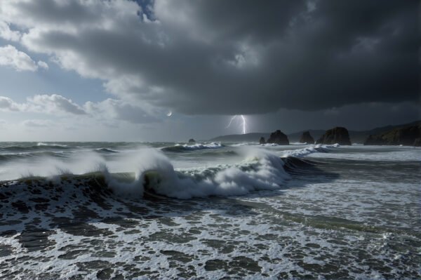 Stormy sea with dark clouds and rough waves high contrast cinematic lighting