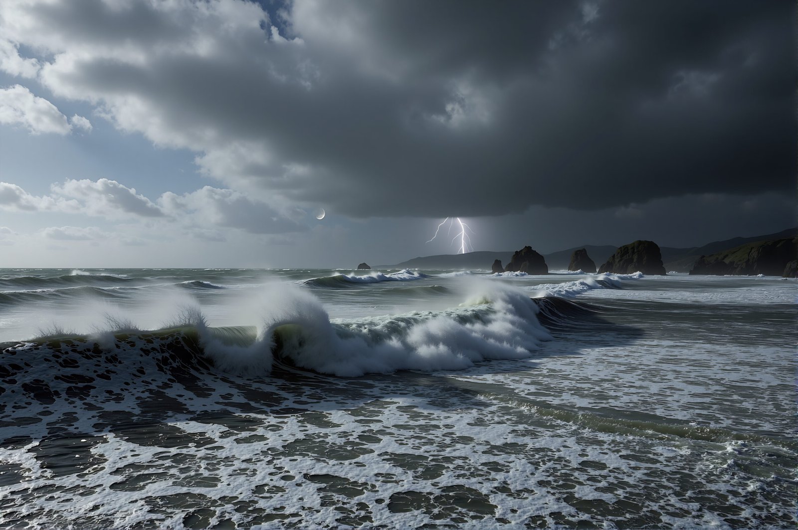 Stormy sea with dark clouds and rough waves high contrast cinematic lighting