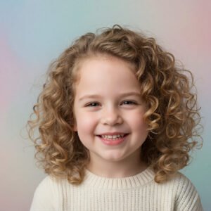 Studio portrait of a Caucasian child with curly hair soft diffused light pastel backdrop natural smile
