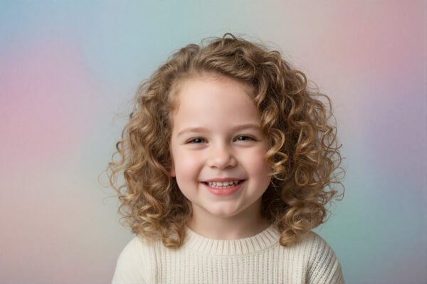 Studio portrait of a Caucasian child with curly hair soft diffused light pastel backdrop natural smile
