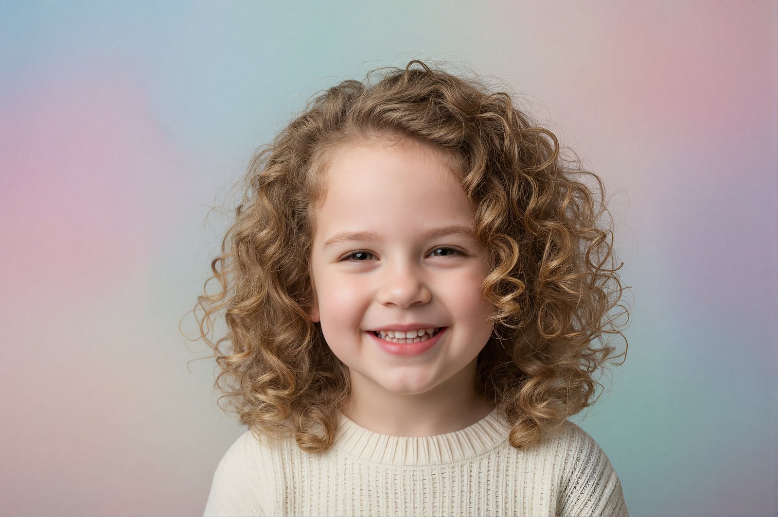 Studio portrait of a Caucasian child with curly hair soft diffused light pastel backdrop natural smile