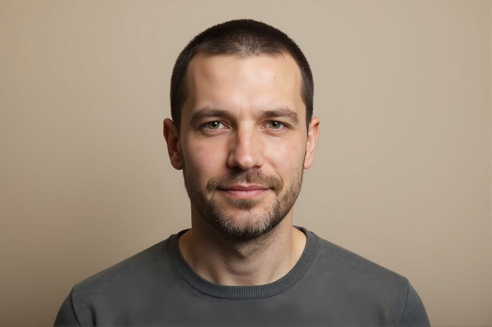 Studio portrait of a European man with short brown hair and light stubble neutral tone background realistic skin detail