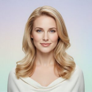 Studio portrait of a European woman with blonde hair smooth lighting minimal makeup pastel background