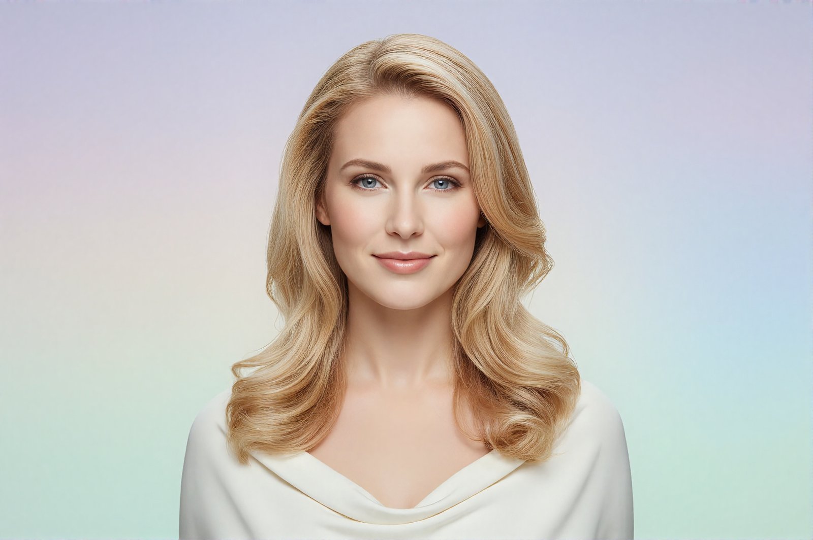 Studio portrait of a European woman with blonde hair smooth lighting minimal makeup pastel background