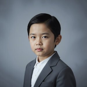 Studio portrait of a Japanese boy with neat haircut soft lighting gray backdrop serious yet calm look