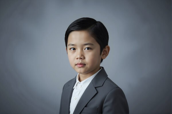 Studio portrait of a Japanese boy with neat haircut soft lighting gray backdrop serious yet calm look
