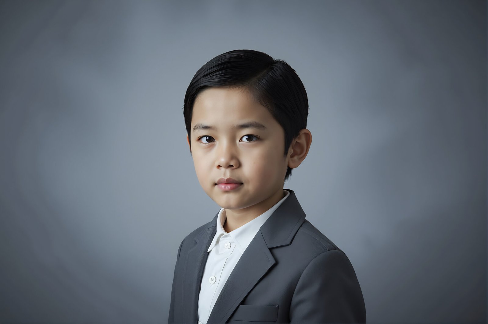 Studio portrait of a Japanese boy with neat haircut soft lighting gray backdrop serious yet calm look