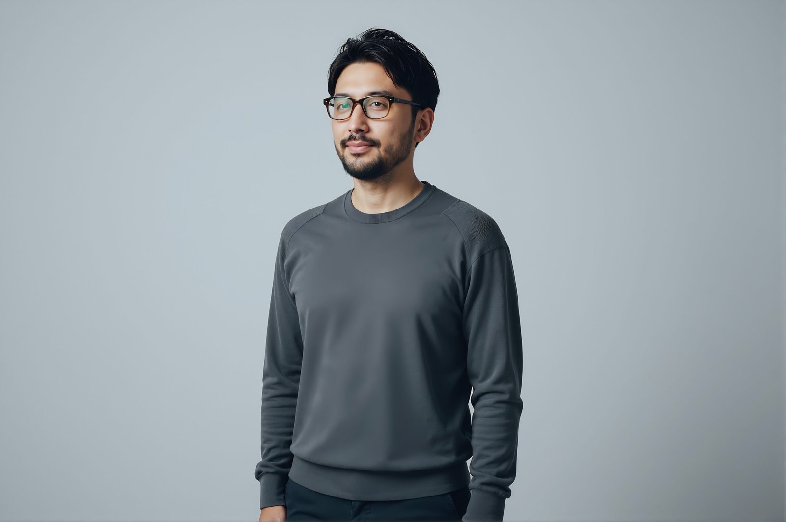 Studio portrait of a Japanese man with glasses minimalist gray backdrop calm expression