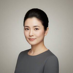 Studio portrait of a Japanese woman with neat bun hairstyle neutral backdrop natural expression balanced lighting